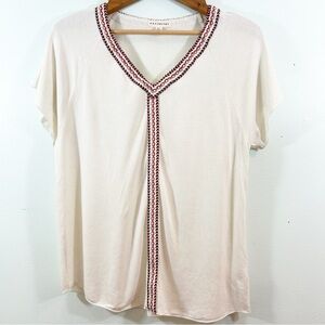 Retrology Southwestern Boho Embroidered Trim Oatmeal Linen Blend Top Size SP